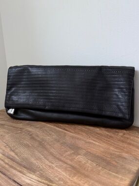 COCCINELLE Vintage Italy Black Leather Ribbed Foldover Clutch Bag